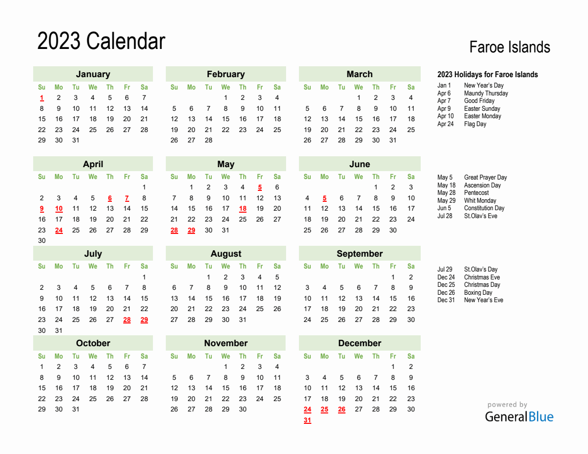 Holiday Calendar 2023 for Faroe Islands