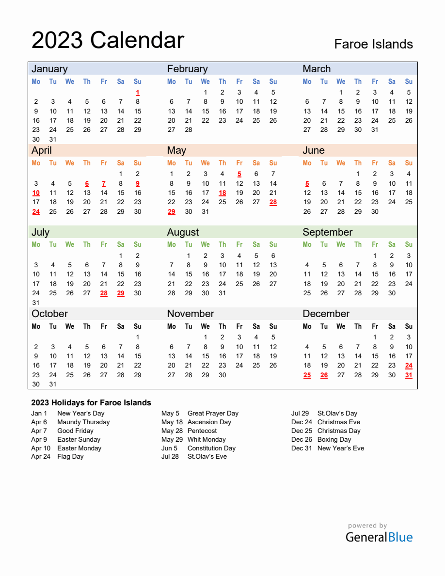 Annual Calendar 2023 with Faroe Islands Holidays - Monday Start