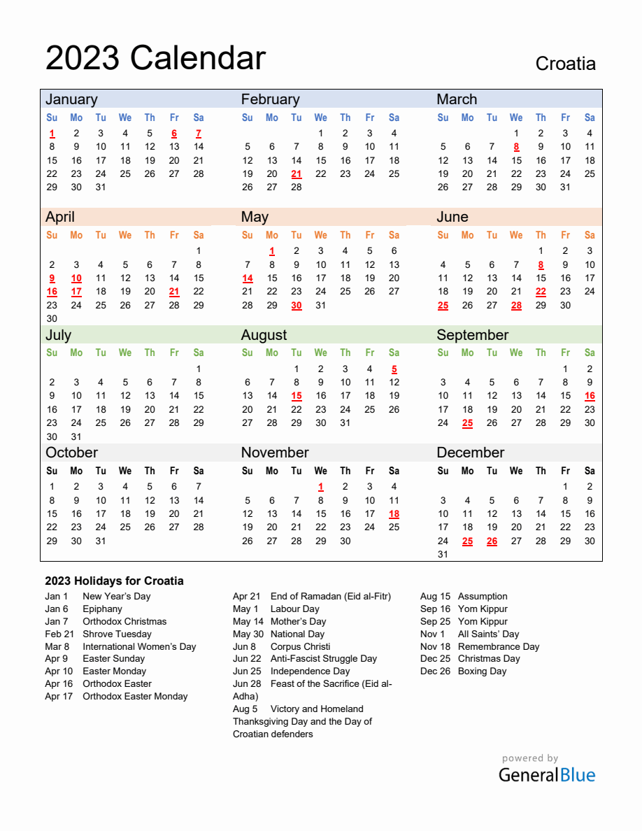 Annual Calendar 2023 with Croatia Holidays