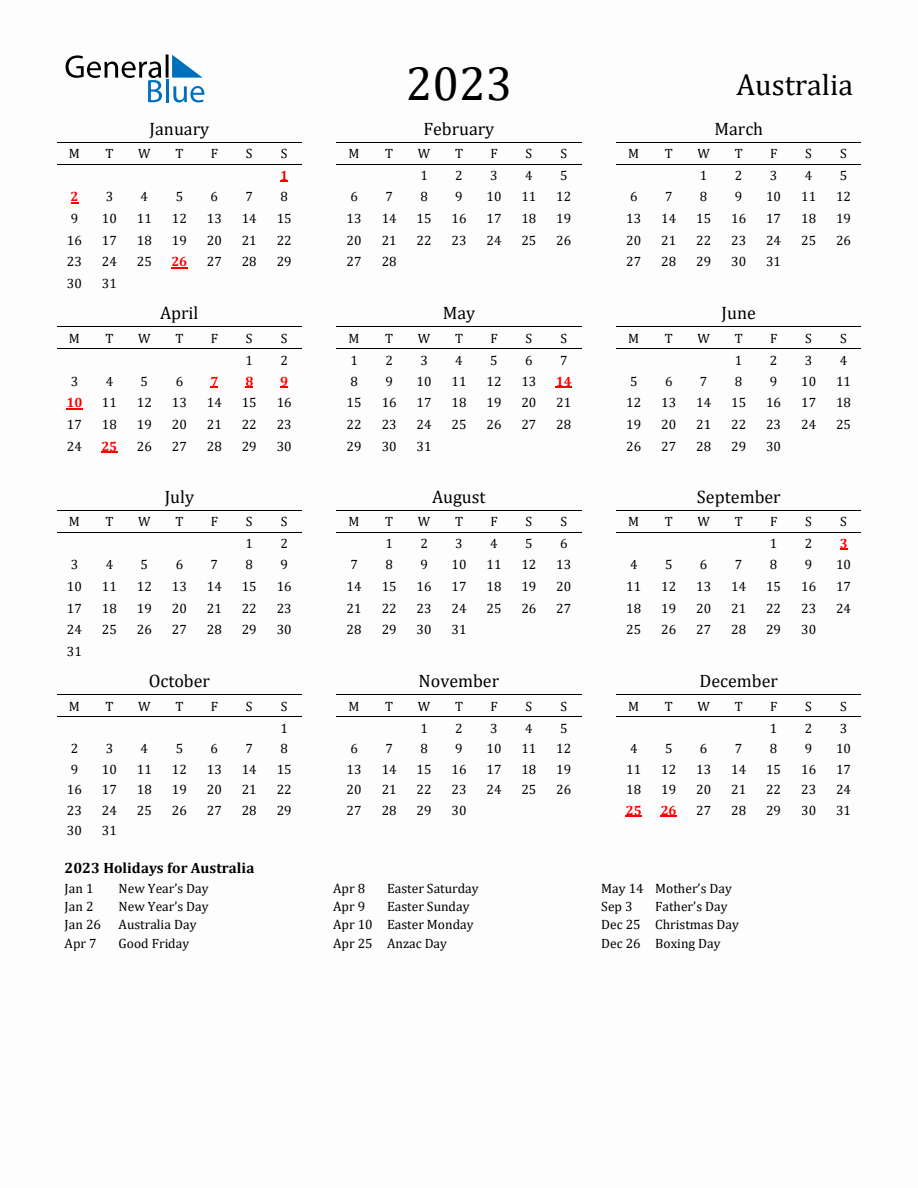 Free Australia Holidays Calendar for Year 2023 - Monday Start