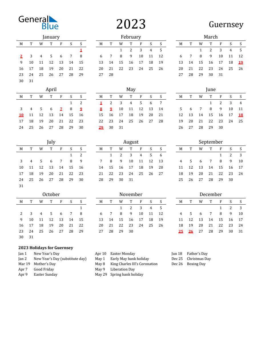 Free Guernsey Holidays Calendar for Year 2023 - Monday Start