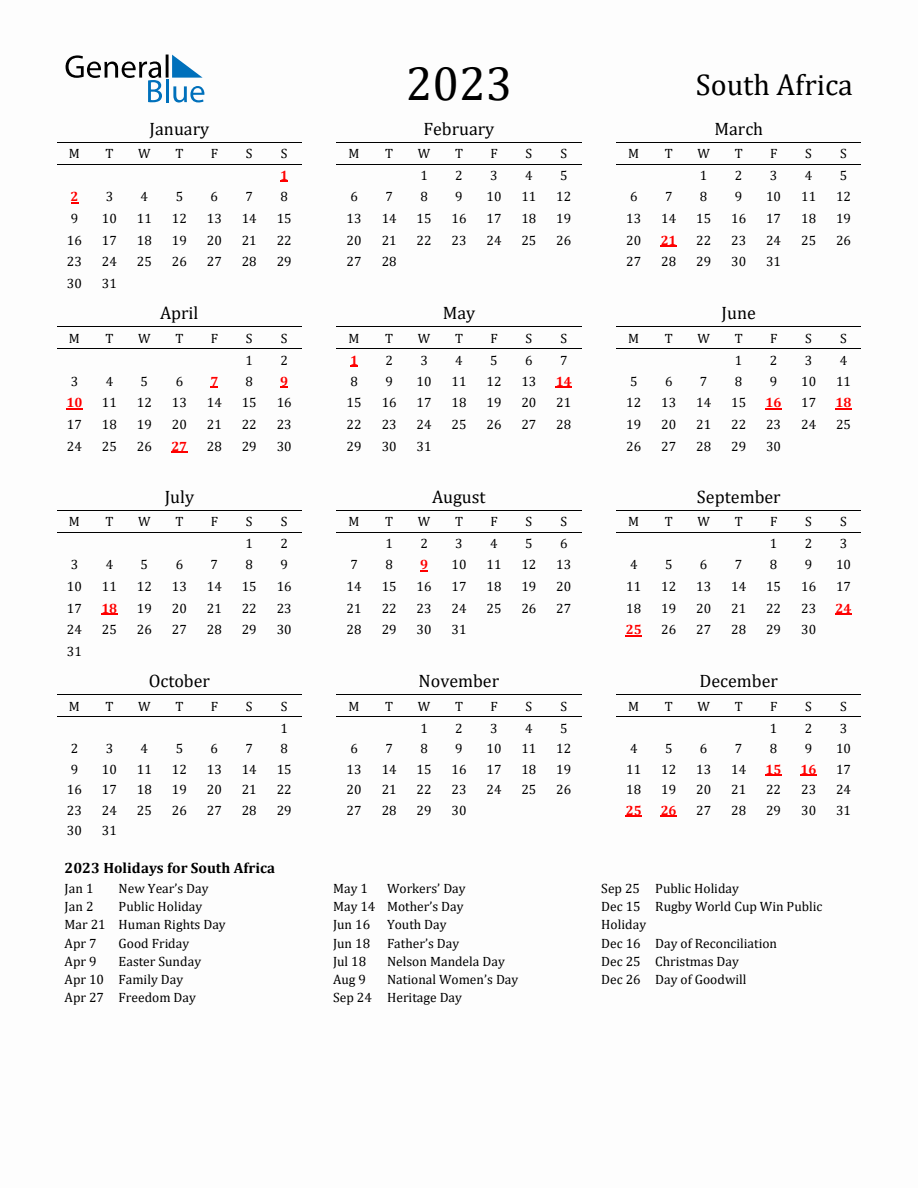 Free South Africa Holidays Calendar for Year 2023 - Monday Start