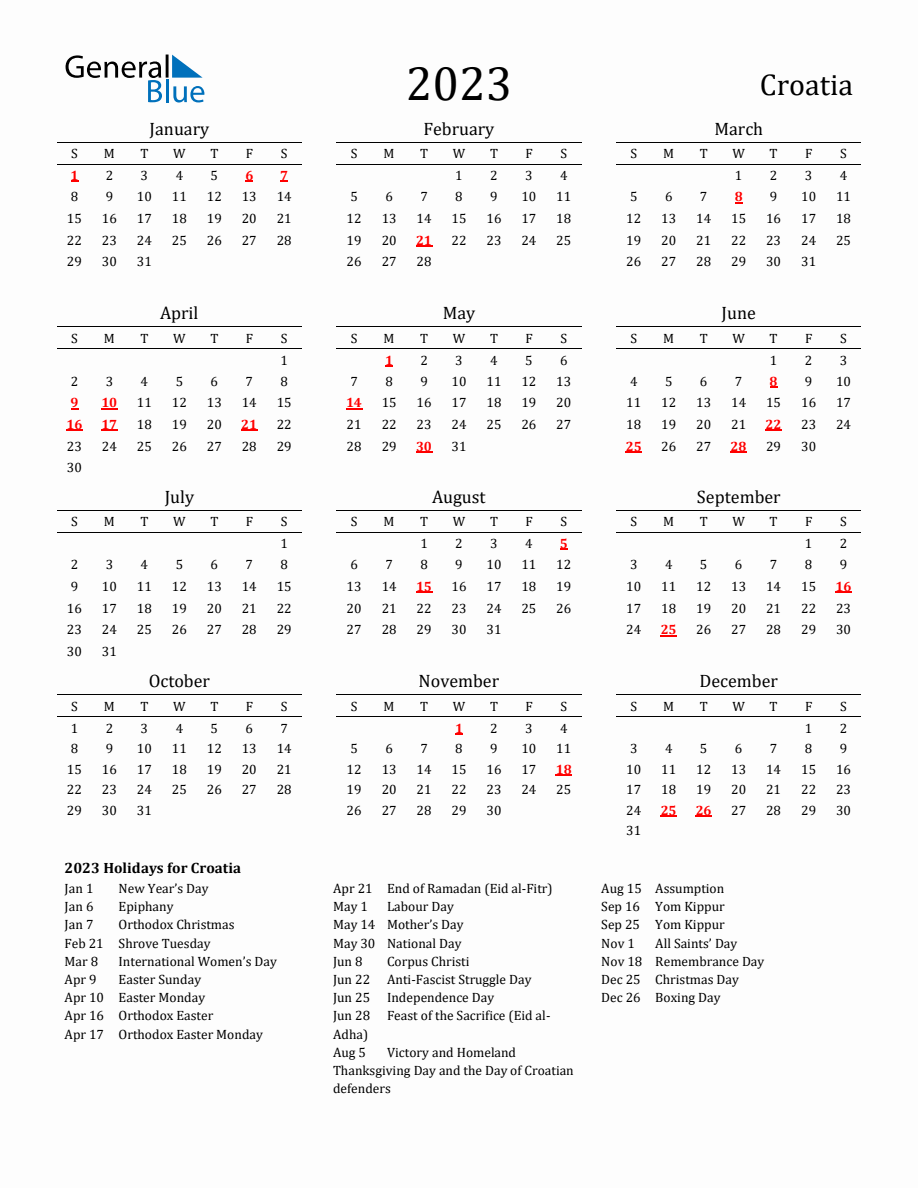 Free Croatia Holidays Calendar for Year 2023