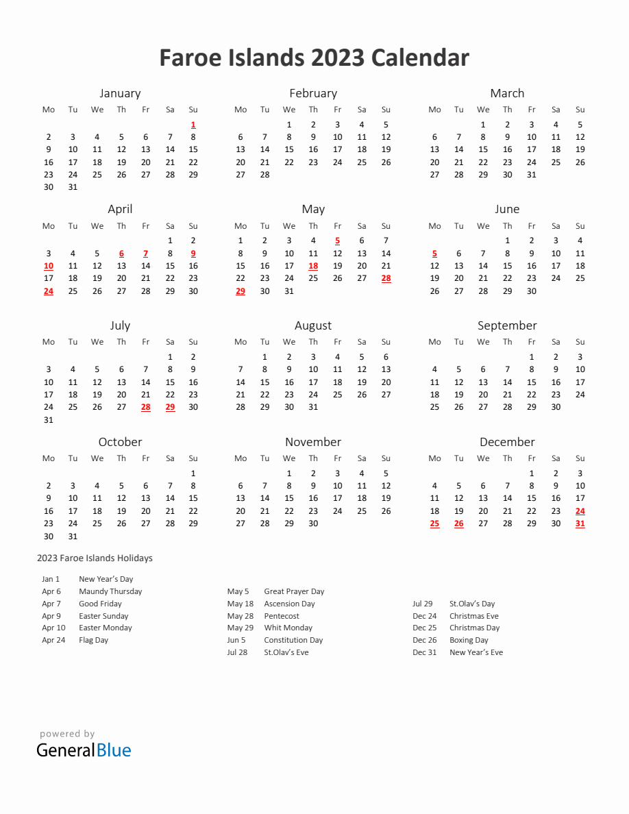 2023 Yearly Calendar Printable With Faroe Islands Holidays - Monday Start
