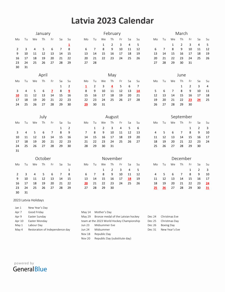 2023 Yearly Calendar Printable With Latvia Holidays - Monday Start