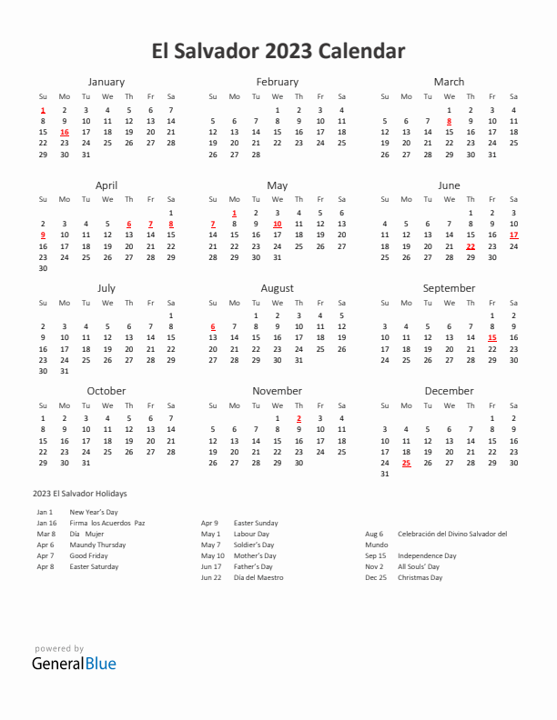 2023 Yearly Calendar Printable With El Salvador Holidays