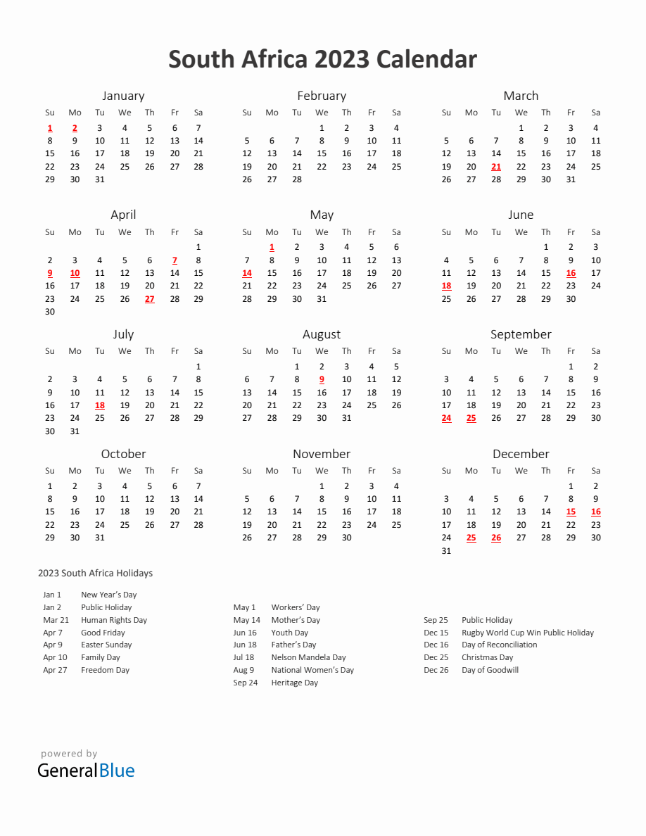 2023 Yearly Calendar Printable With South Africa Holidays