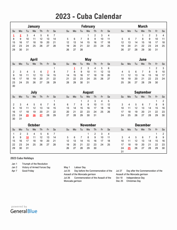 Year 2023 Simple Calendar With Holidays in Cuba