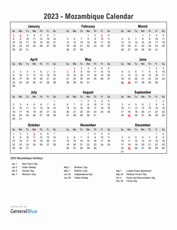 Year 2023 Simple Calendar With Holidays in Mozambique