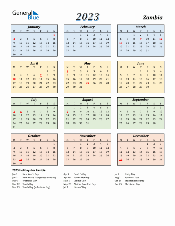 Zambia Calendar 2023 with Monday Start