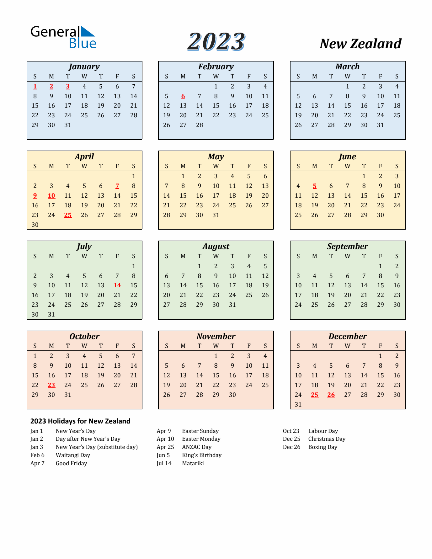 New Zealand Calendar 2023 with Sunday Start