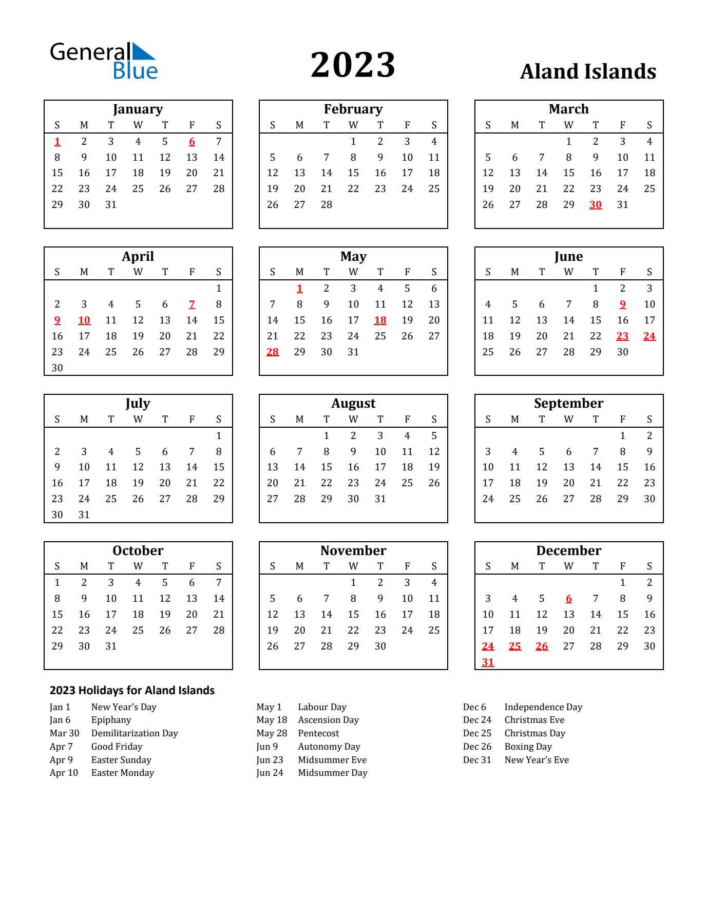 2023 Aland Islands Holiday Calendar - Sunday Start