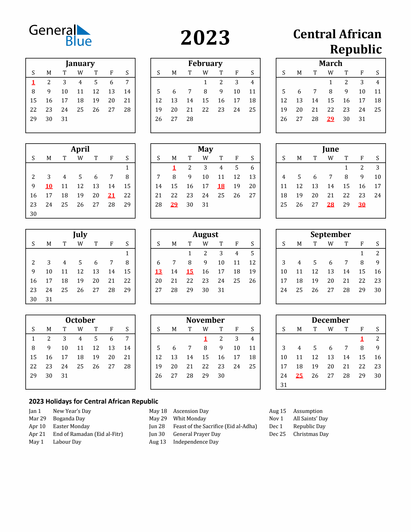 2023 Central African Republic Holiday Calendar - Sunday Start