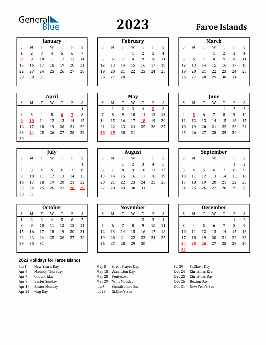Free Printable 2023 Faroe Islands Holiday Calendar