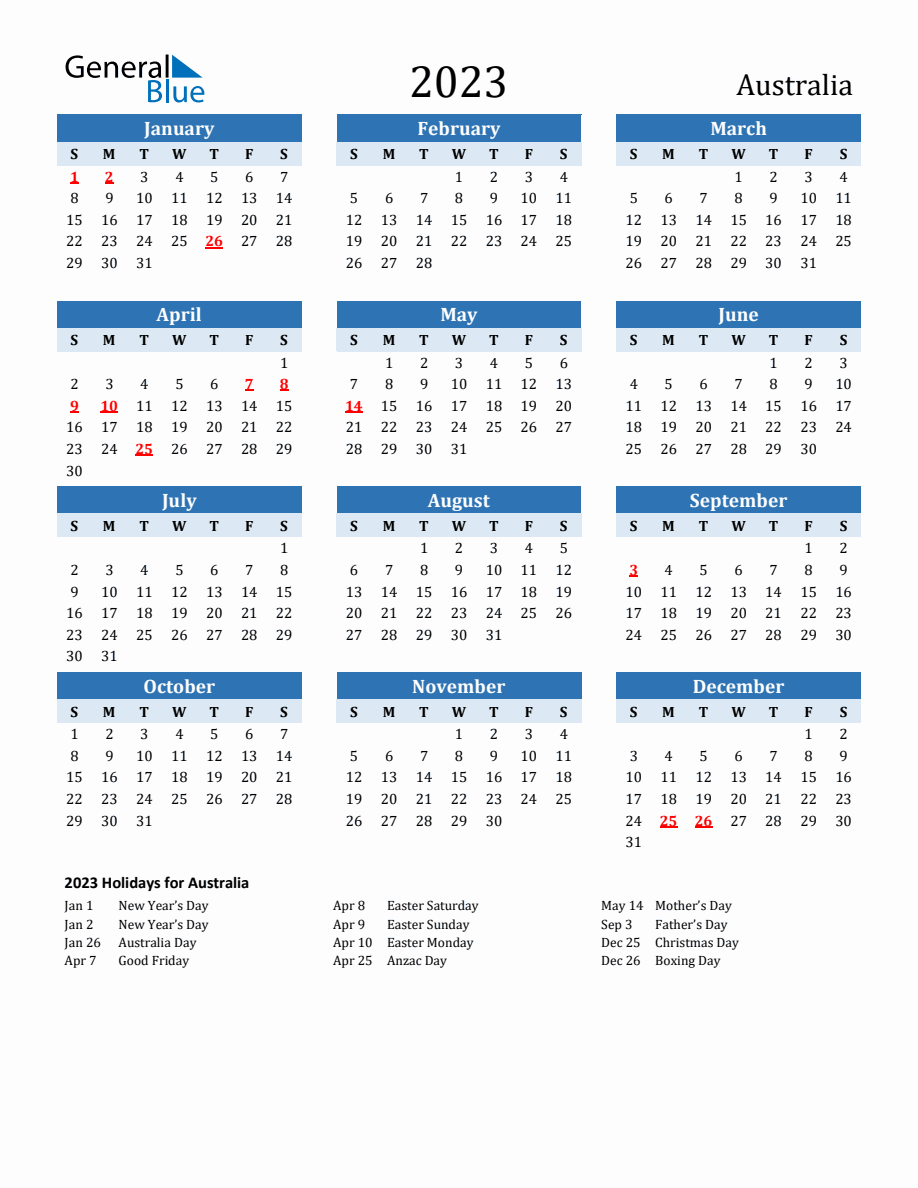 2023 Printable Calendar with Australia Holidays