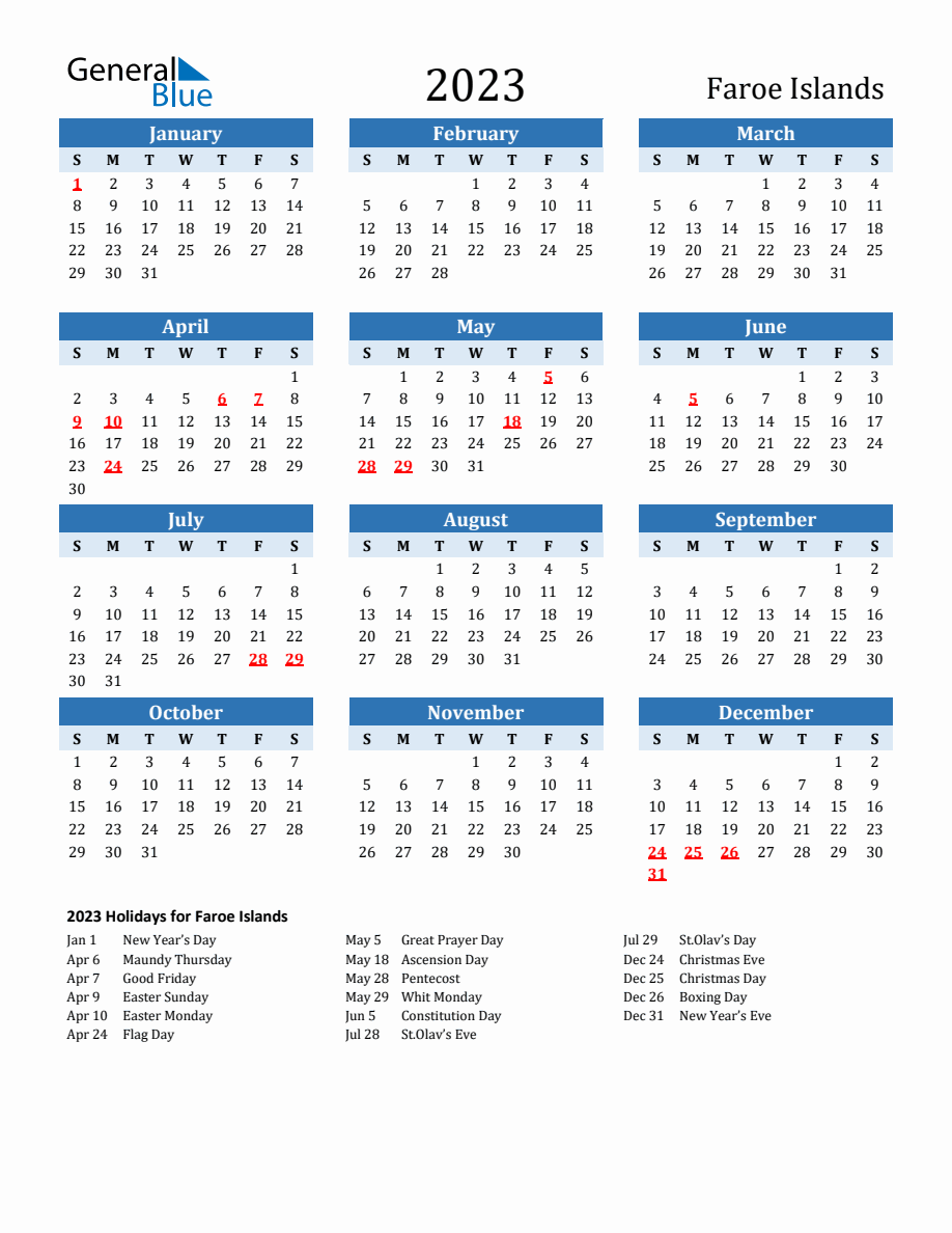 2023 Printable Calendar with Faroe Islands Holidays