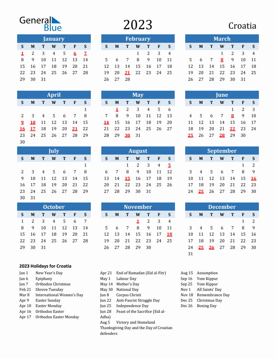 2023 Printable Calendar with Croatia Holidays