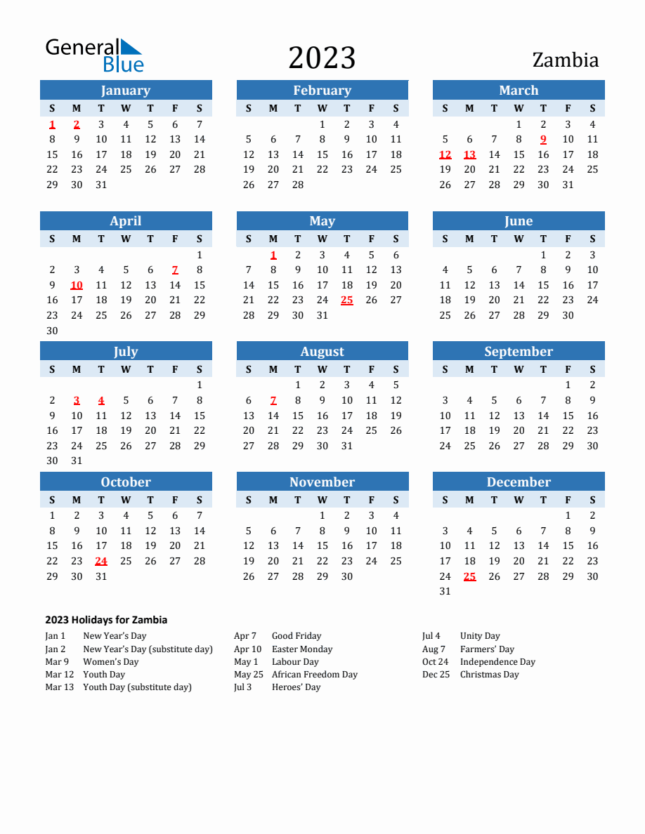 2023 Printable Calendar with Zambia Holidays