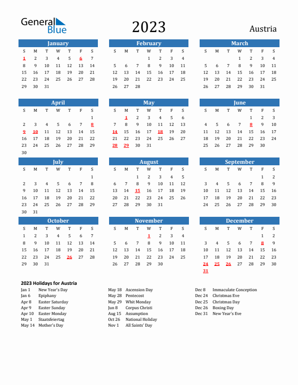 Austria 2023 Calendar With Holidays