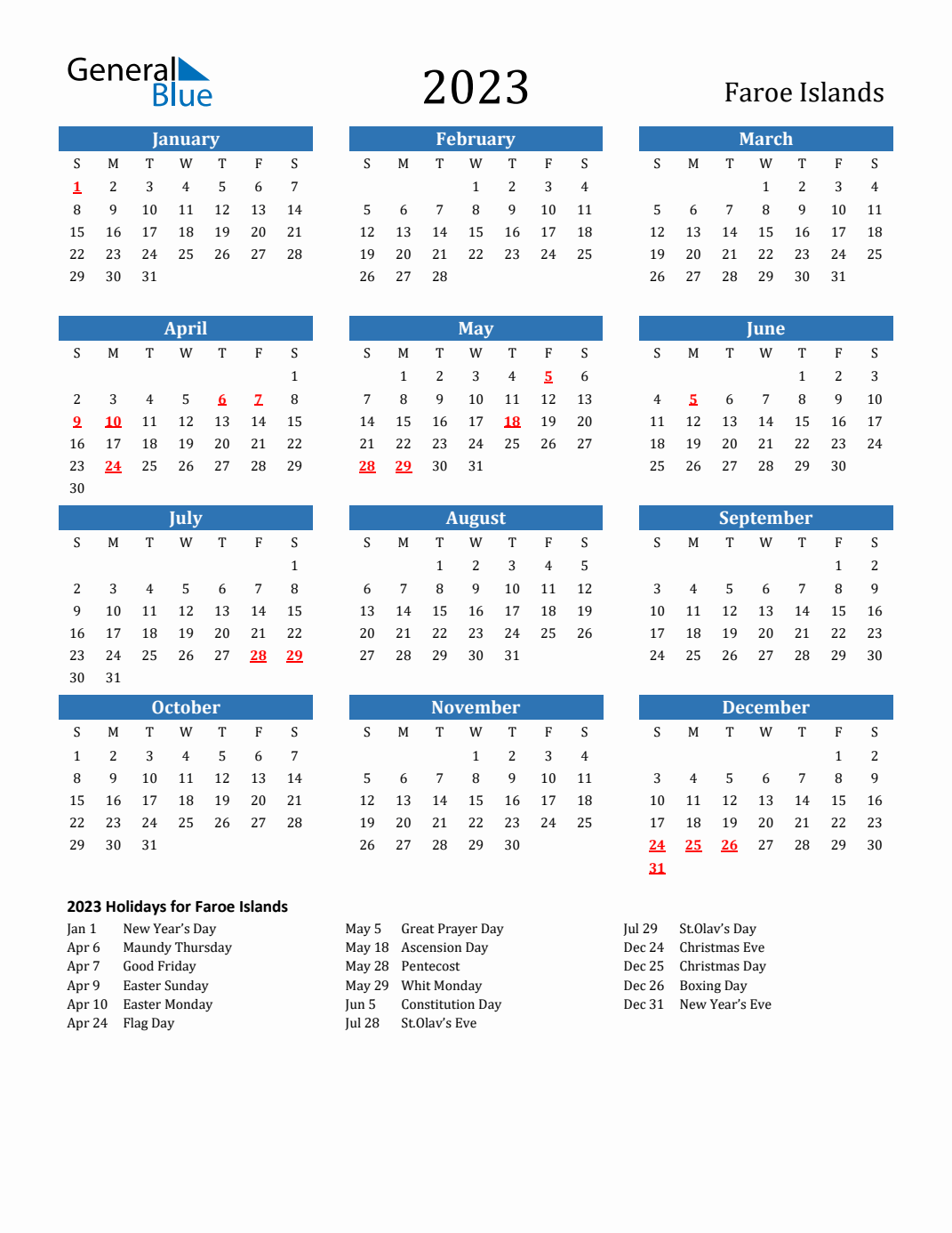 2023 Faroe Islands Calendar with Holidays