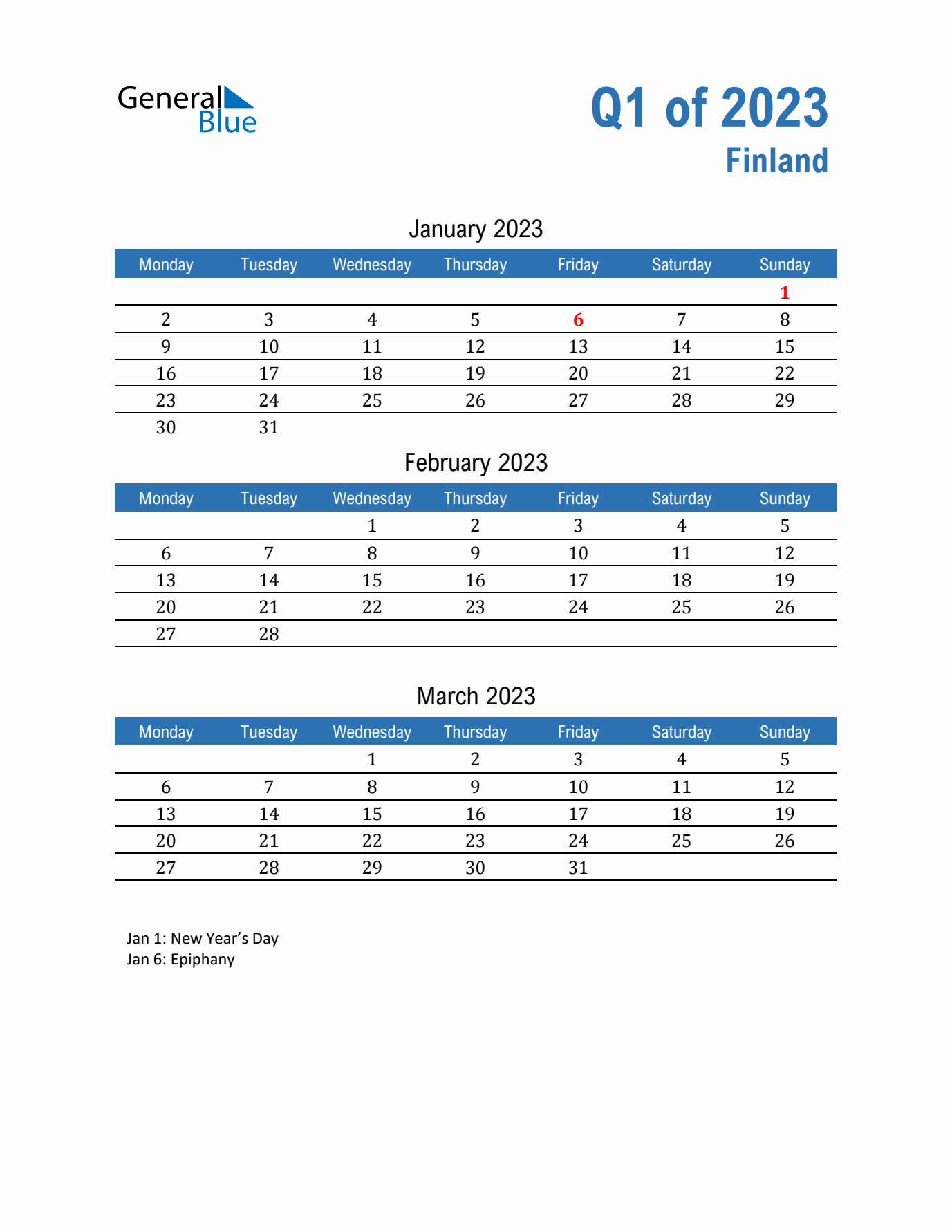 Finland Q1 2023 Quarterly Calendar with Monday Start