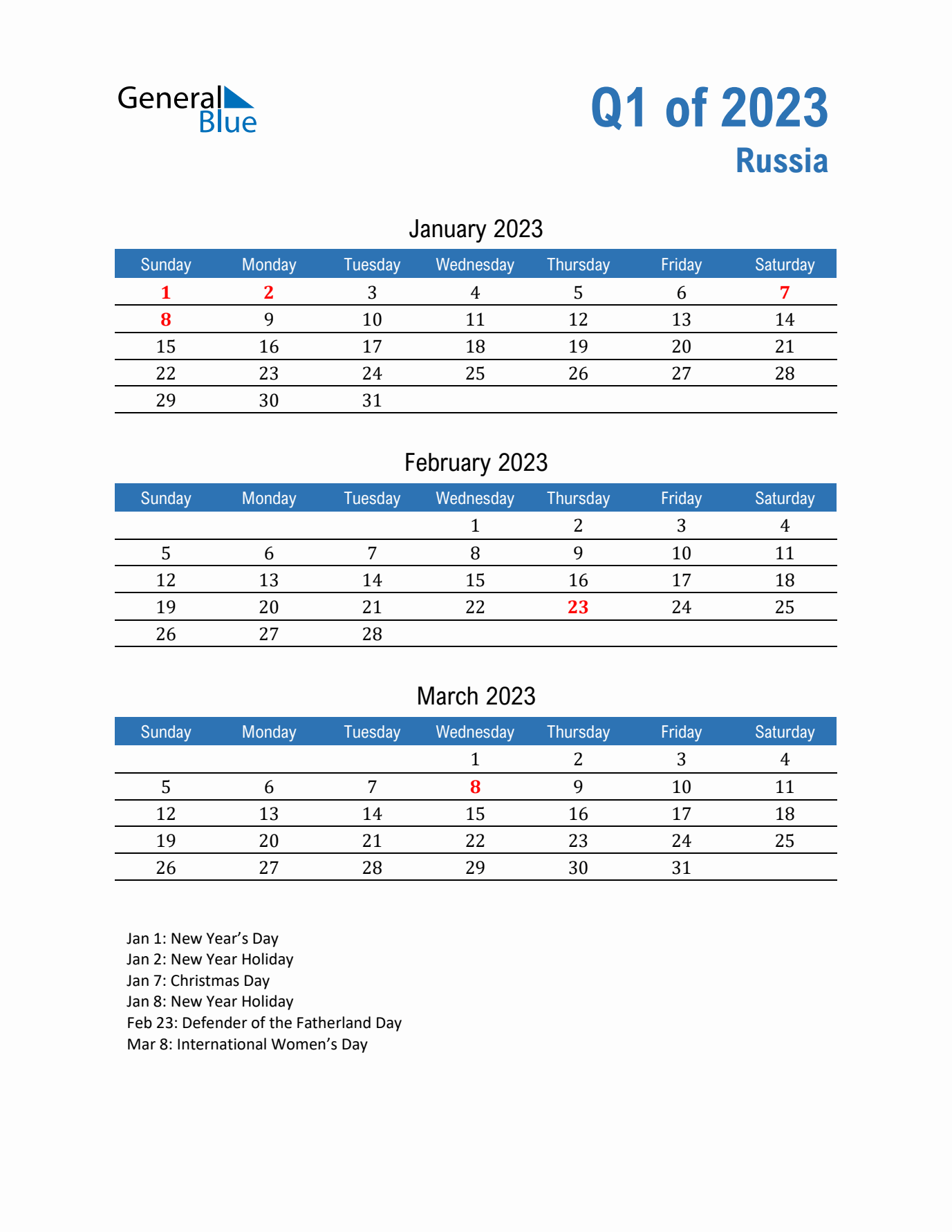 Russia Q1 2023 Quarterly Calendar with Sunday Start