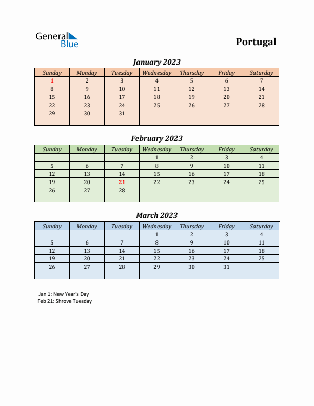 Q1 2023 Holiday Calendar - Portugal