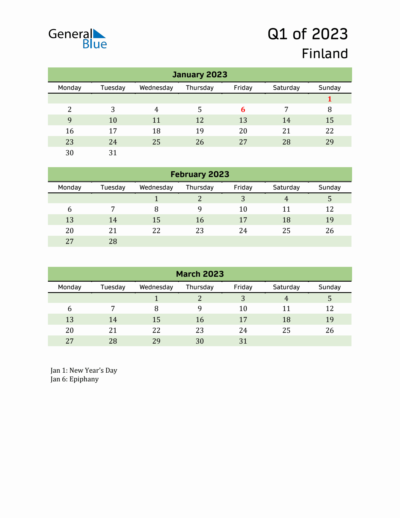 Quarterly Calendar 2023 with Finland Holidays