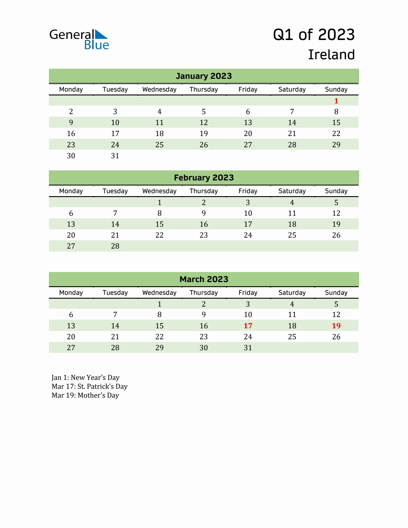 Quarterly Calendar 2023 with Ireland Holidays