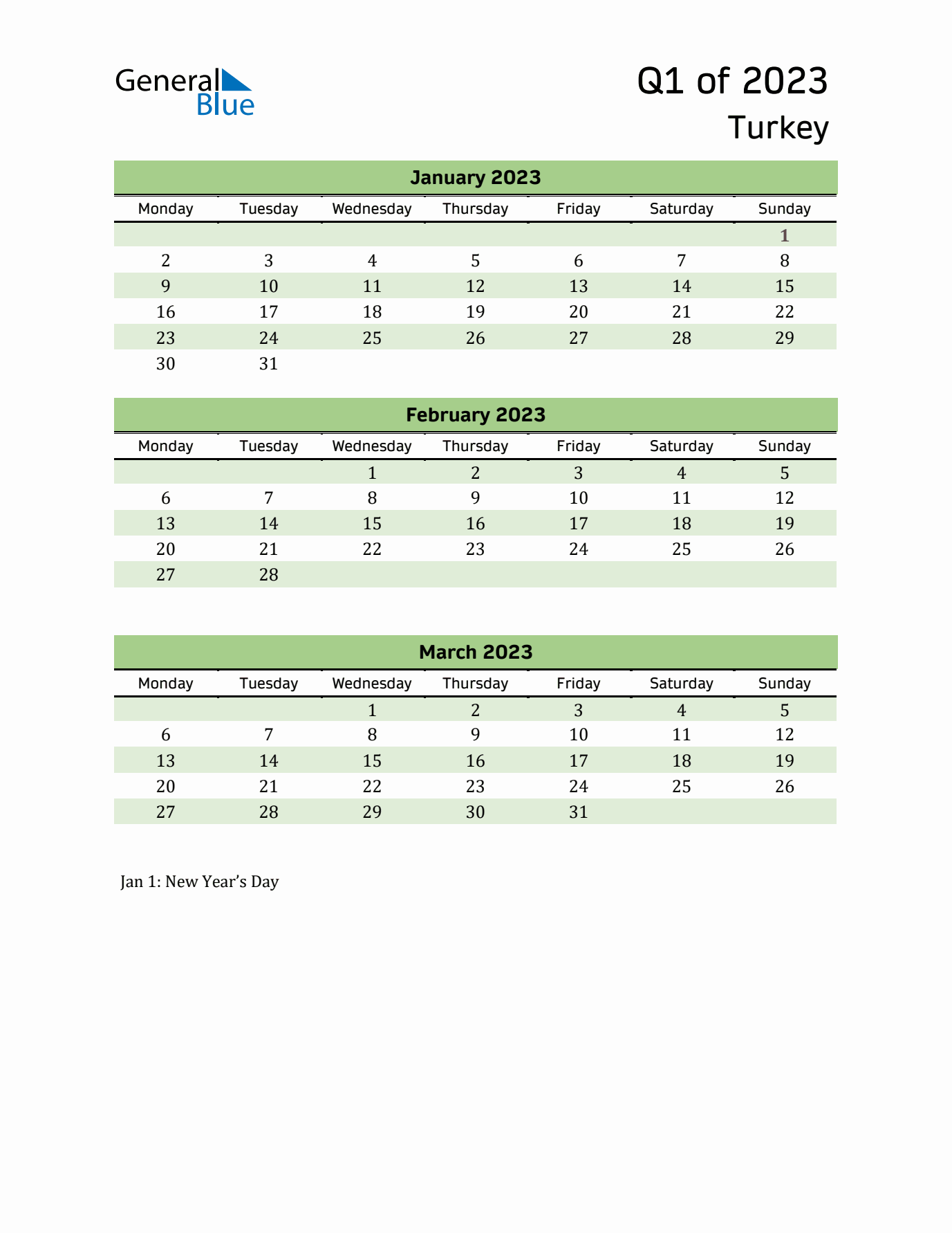 Quarterly Calendar 2023 with Turkey Holidays