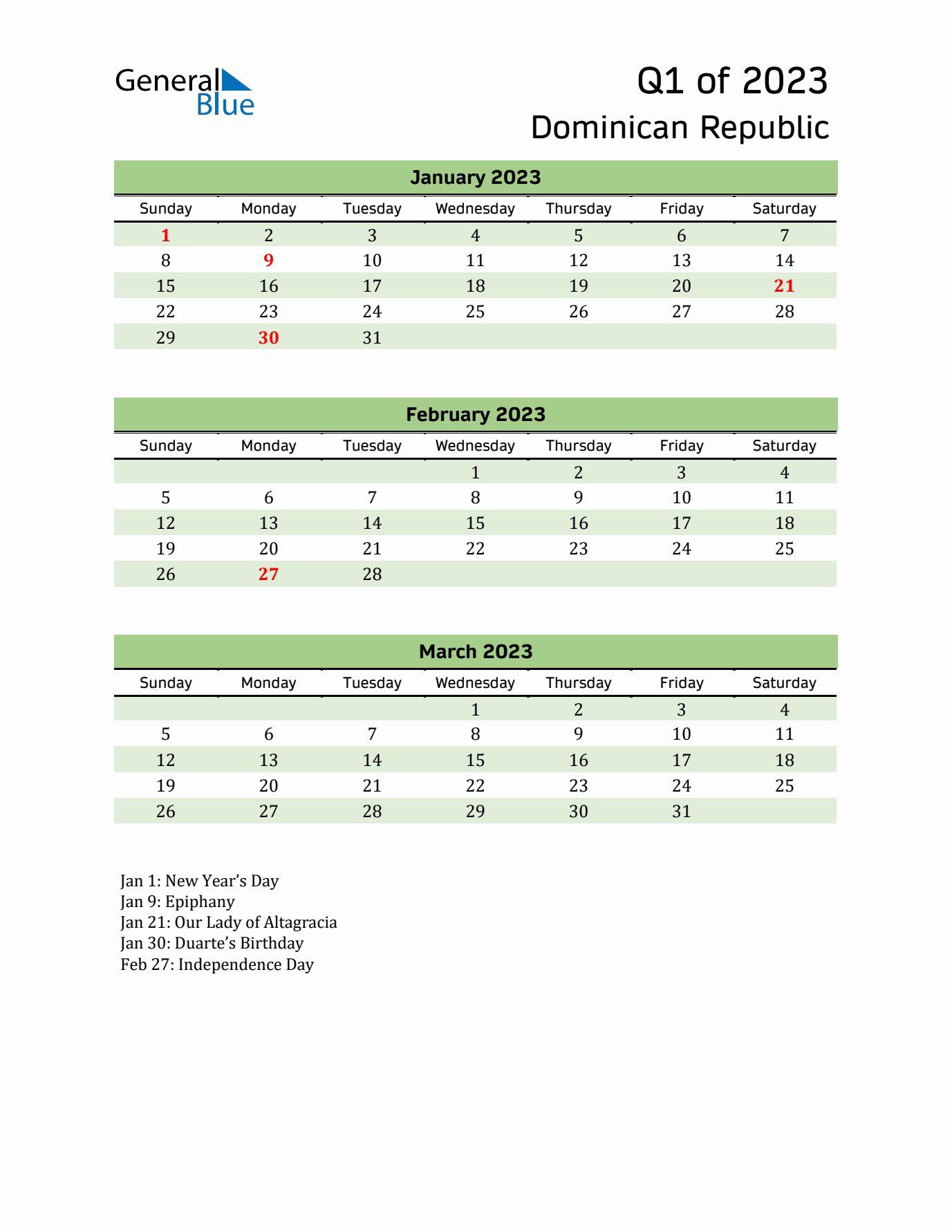 Quarterly Calendar 2023 with Dominican Republic Holidays