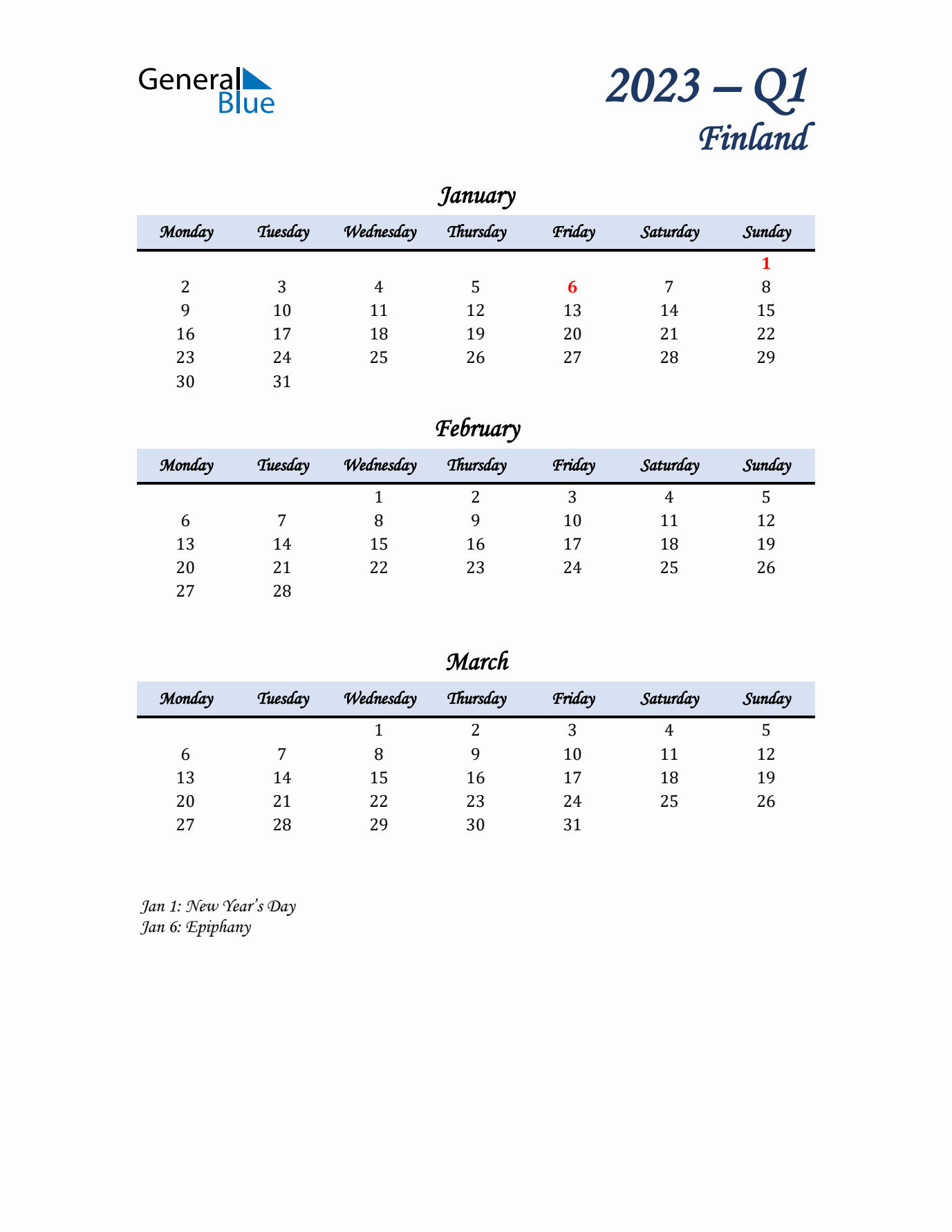 January, February, and March Calendar for Finland with Monday Start