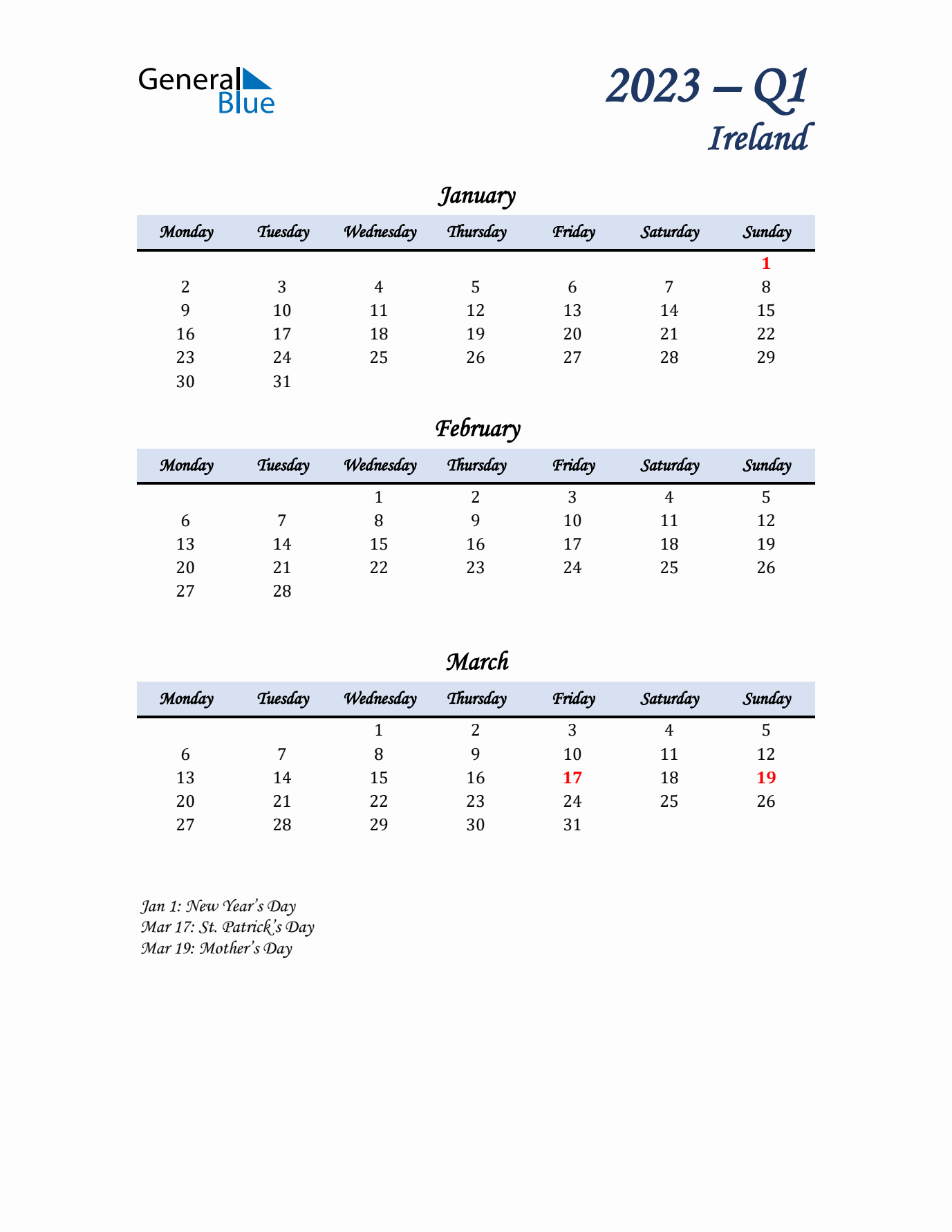 January, February, and March Calendar for Ireland with Monday Start