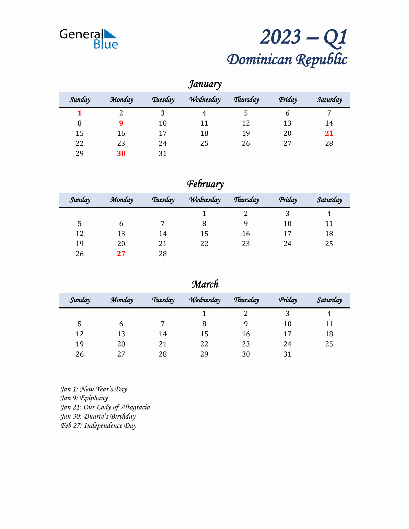 January, February, and March Calendar for Dominican Republic with Sunday Start
