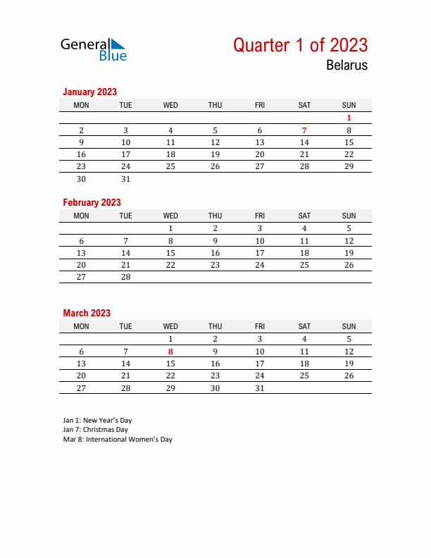 Printable Three Month Calendar with Belarus Holidays