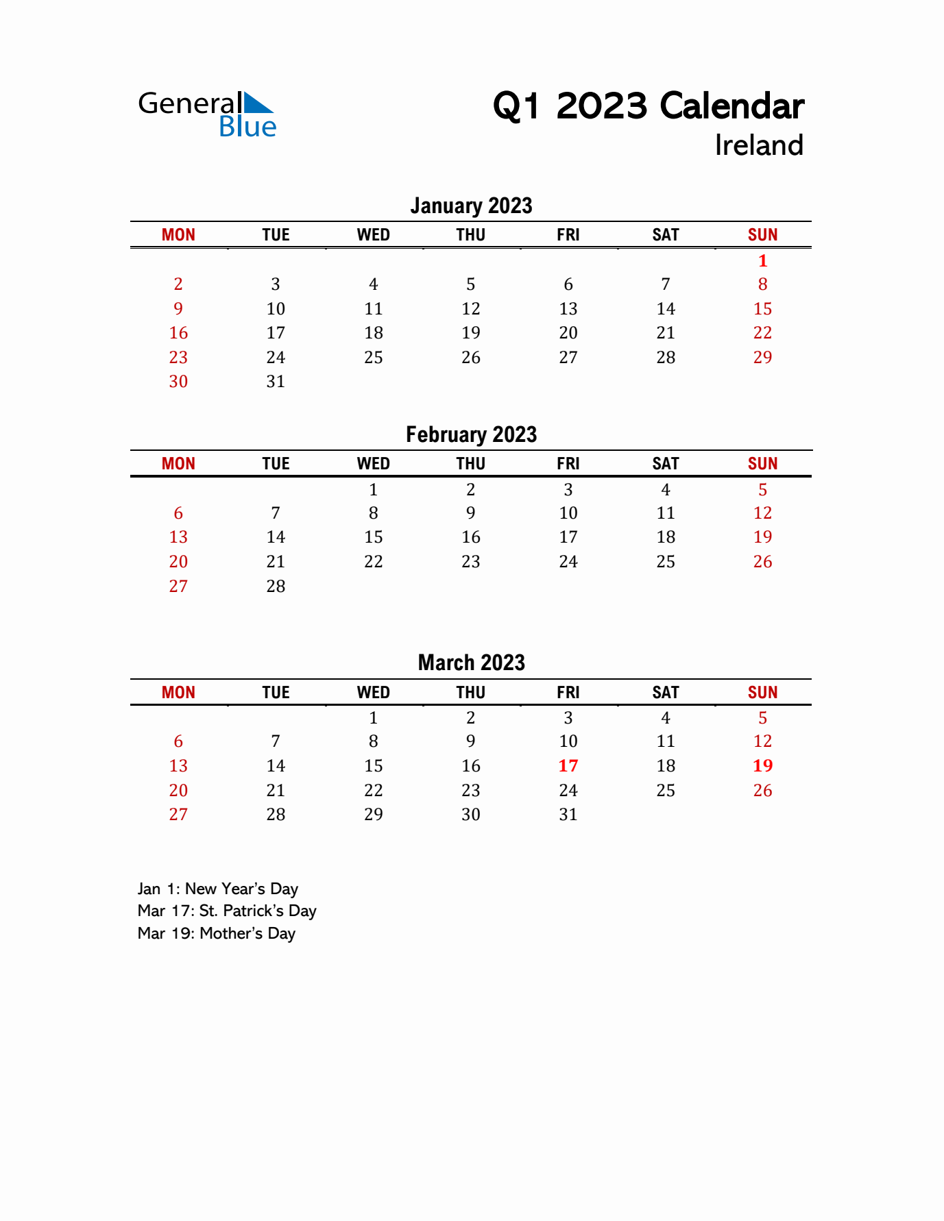 2023 Q1 Calendar with Holidays List for Ireland