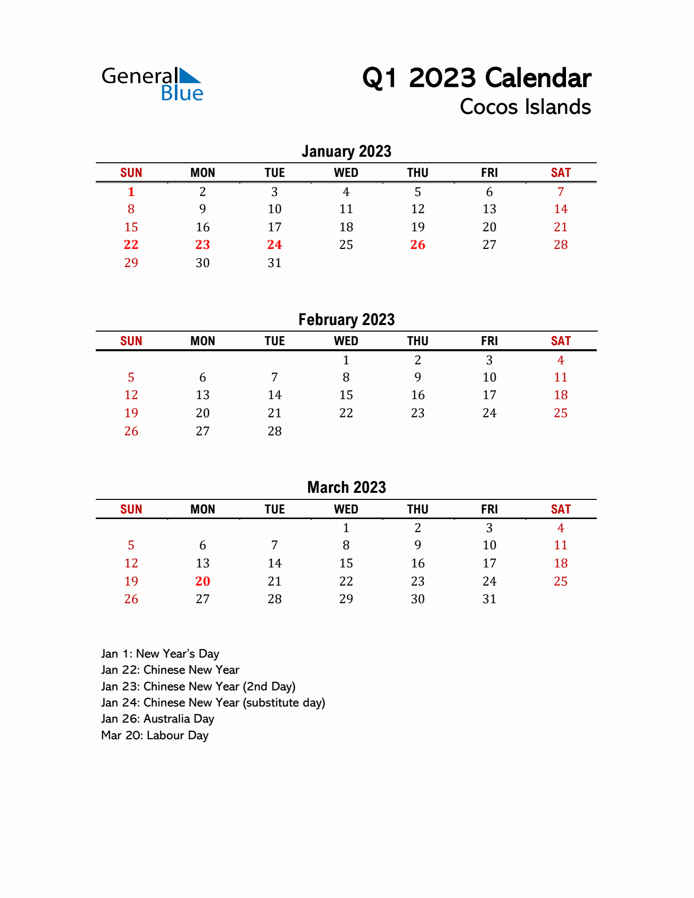 2023 Q1 Calendar with Holidays List for Cocos Islands