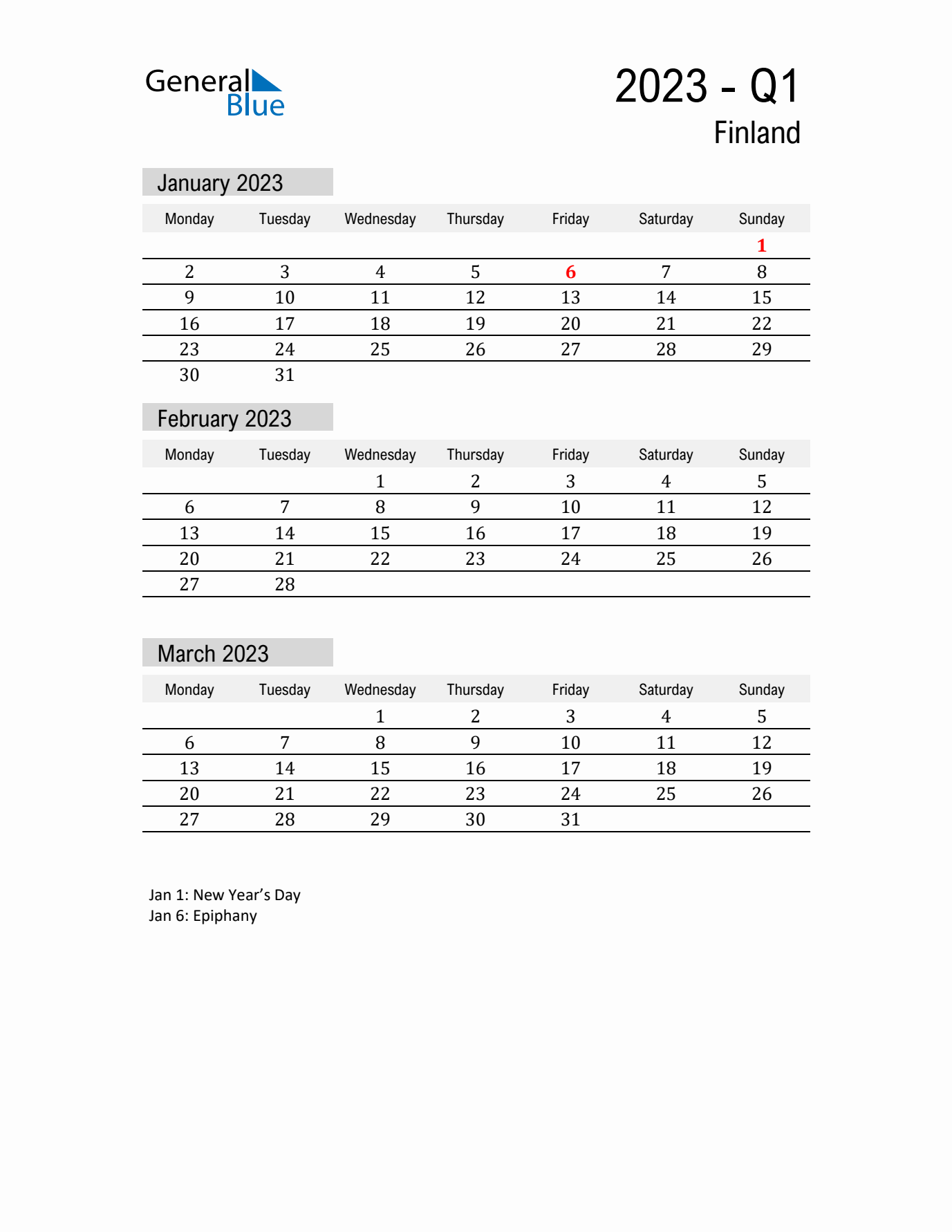 Finland Quarter 1 2023 Calendar with Holidays