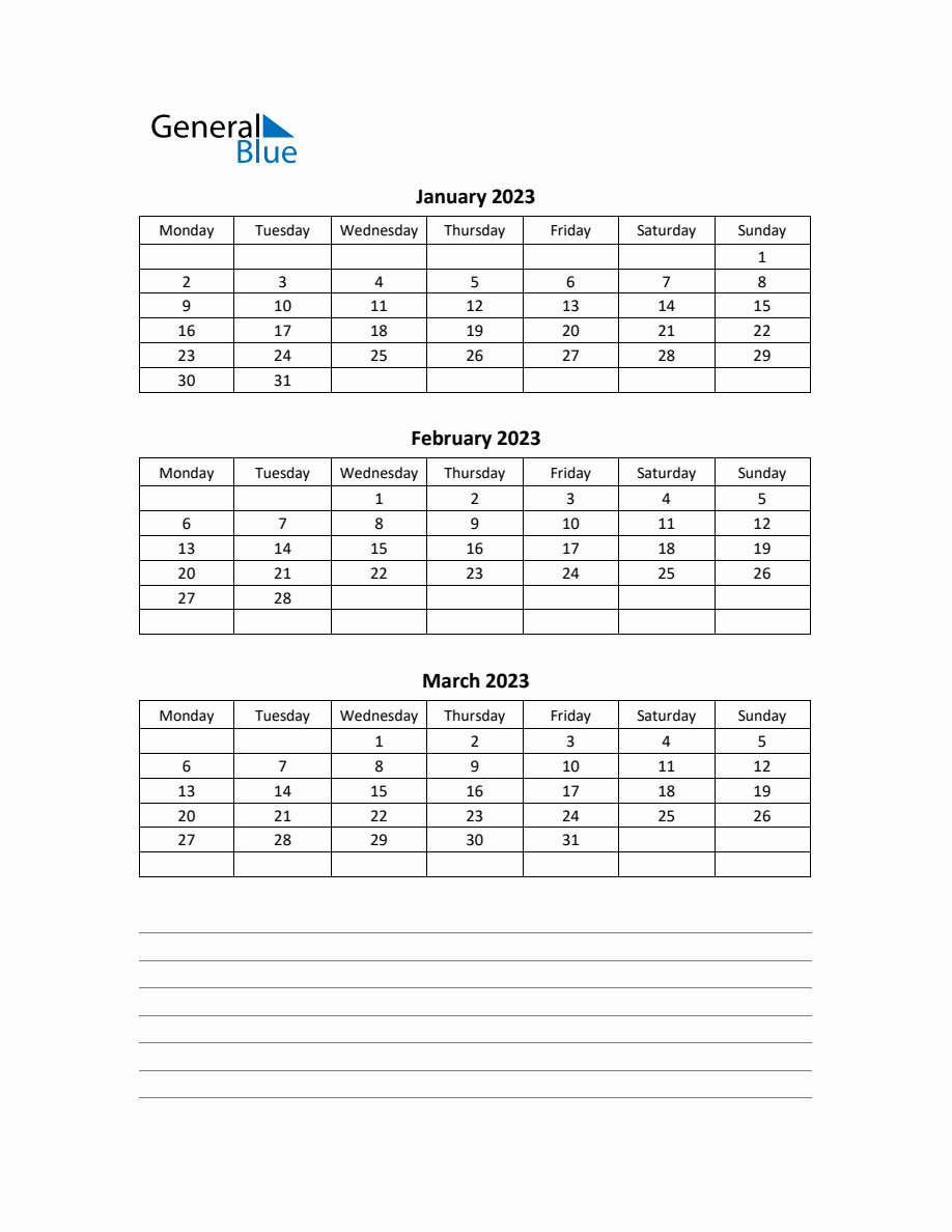 Free Printable Q1 Quarterly Calendar 2023 - Monday Start