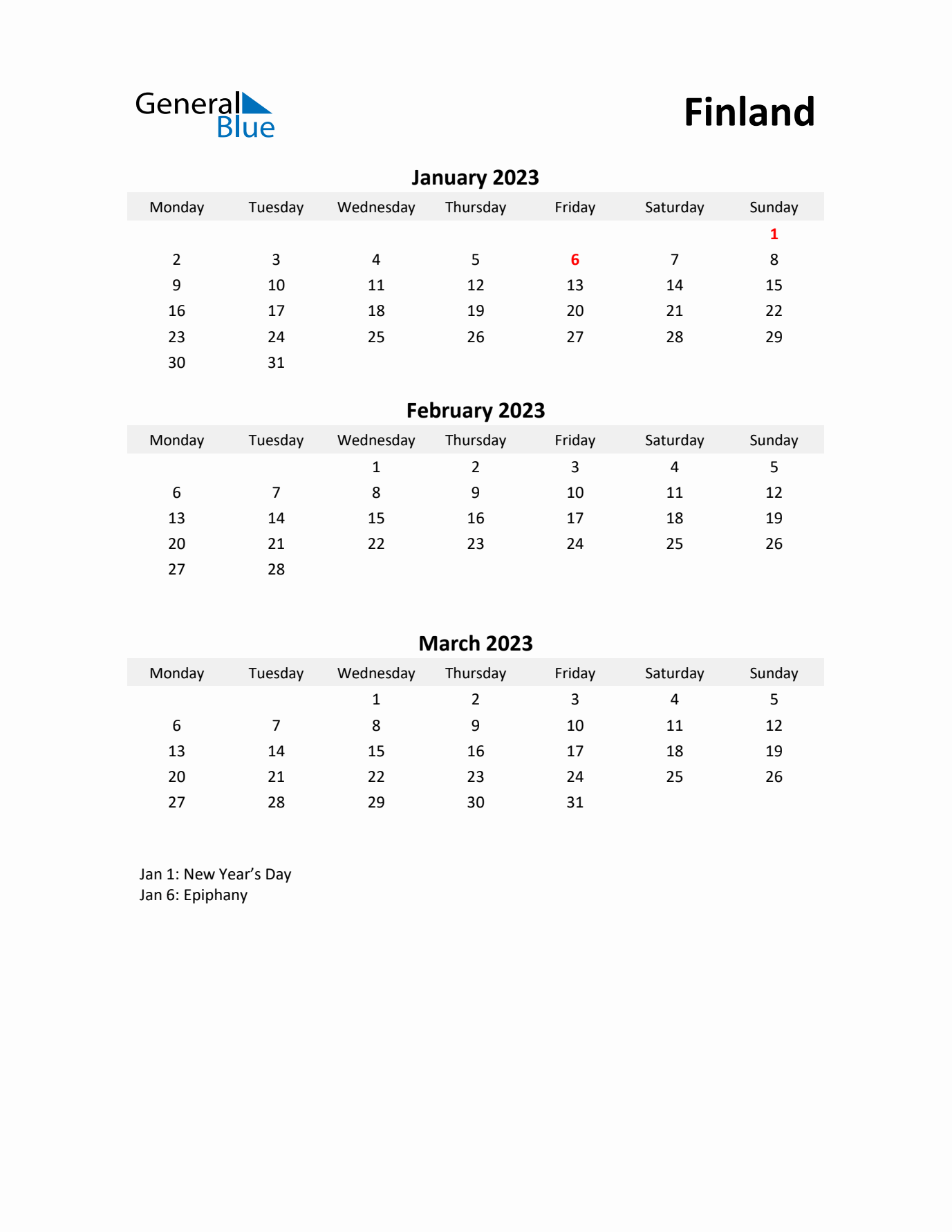 Printable Quarterly Calendar with Notes and Finland Holidays- Q1 of 2023