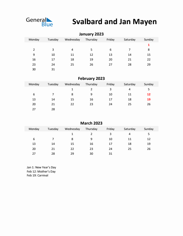 Printable Quarterly Calendar with Notes and Svalbard and Jan Mayen Holidays- Q1 of 2023