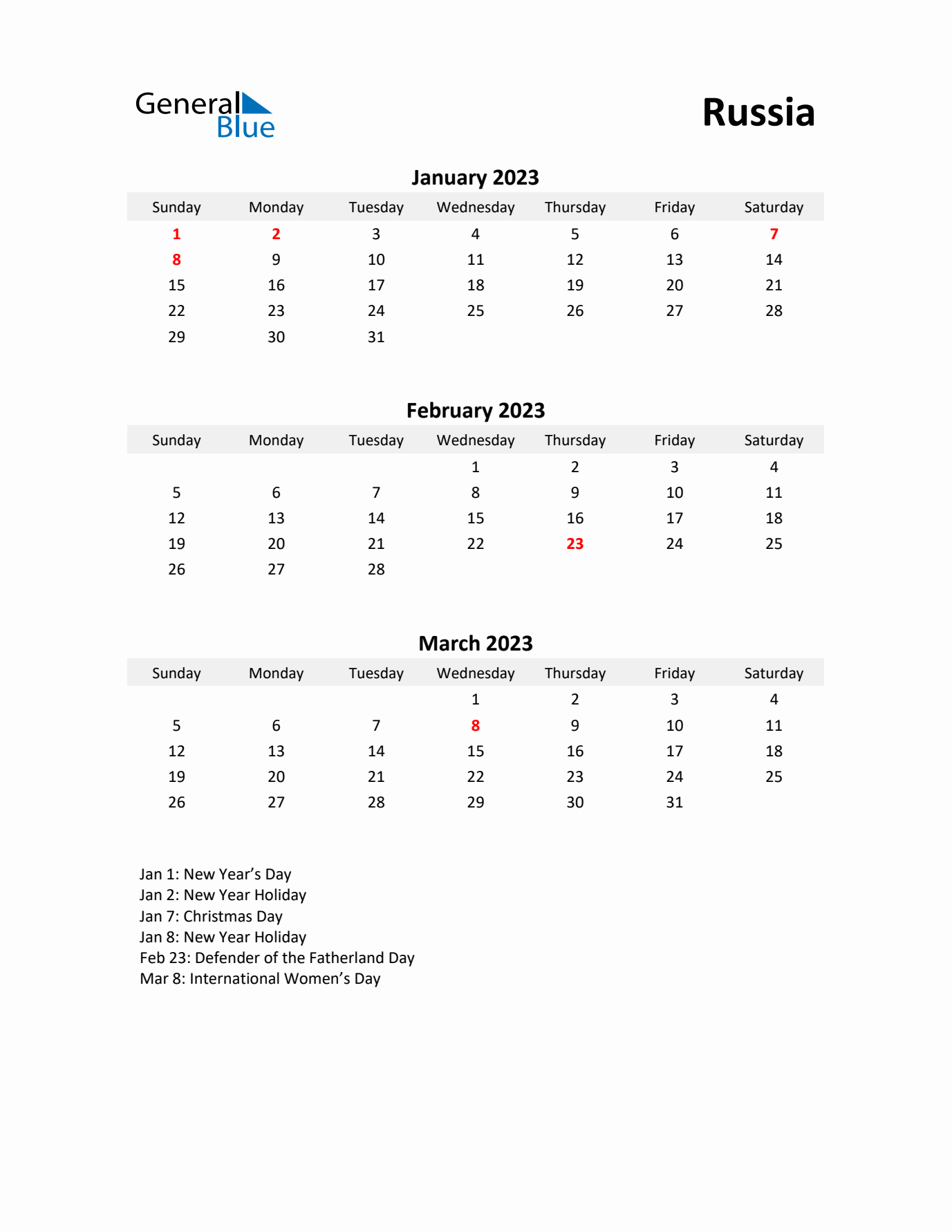 Printable Quarterly Calendar with Notes and Russia Holidays- Q1 of 2023