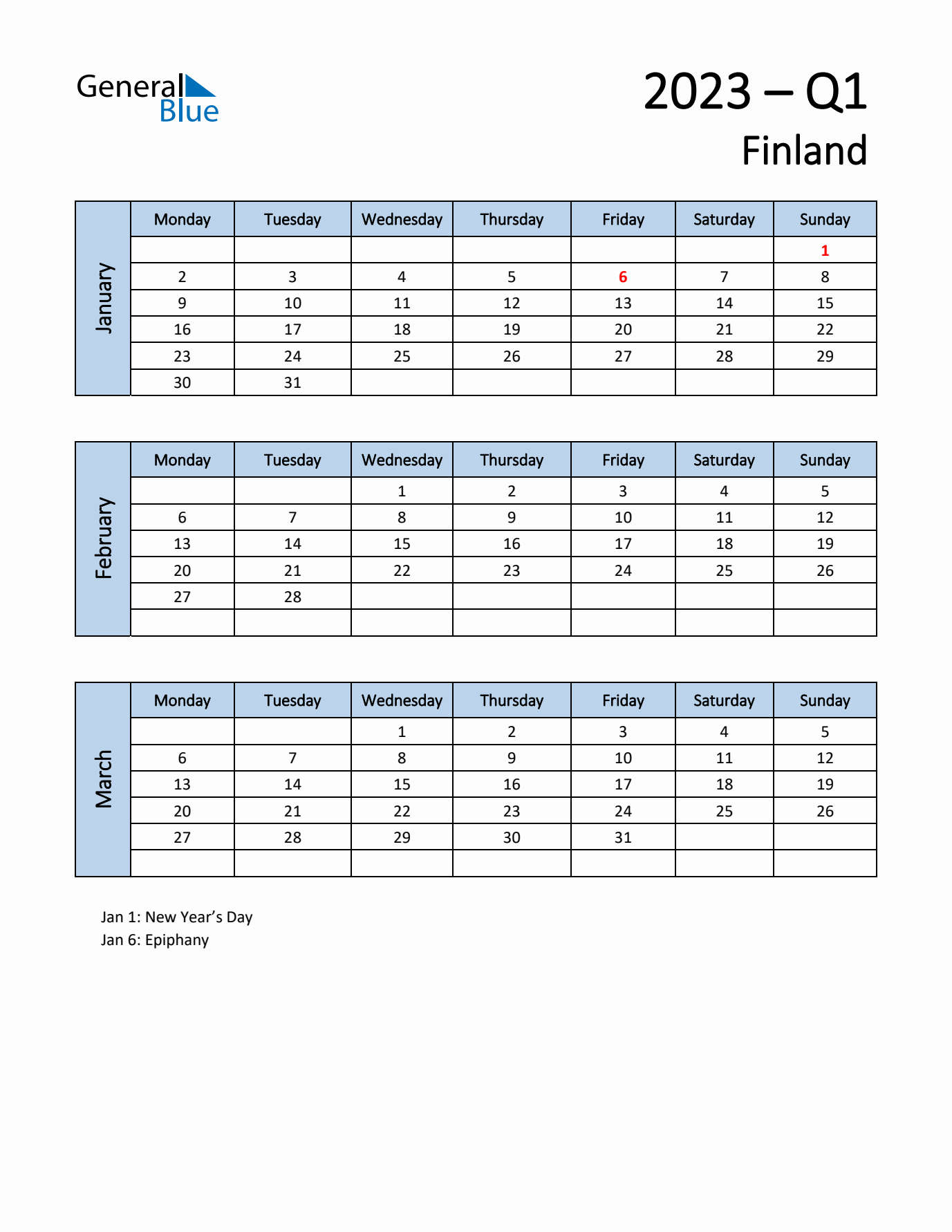 Free Q1 2023 Calendar for Finland - Monday Start