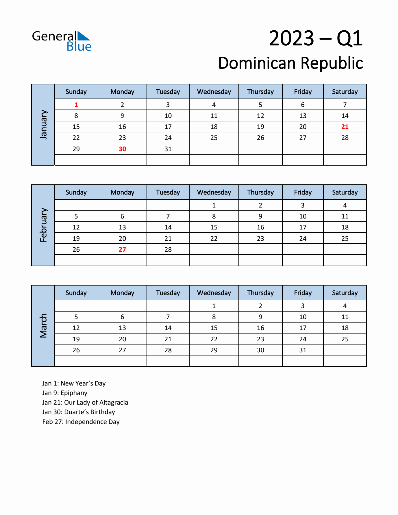 Free Q1 2023 Calendar for Dominican Republic - Sunday Start
