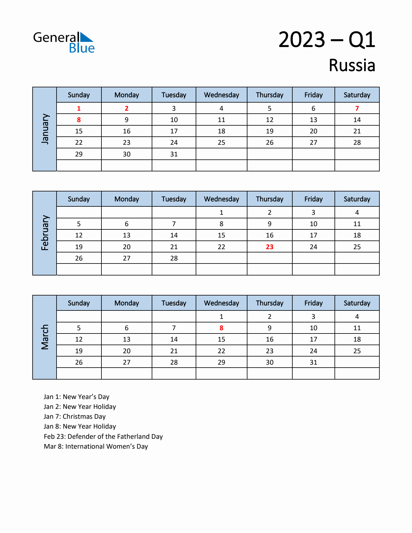 Free Q1 2023 Calendar for Russia - Sunday Start