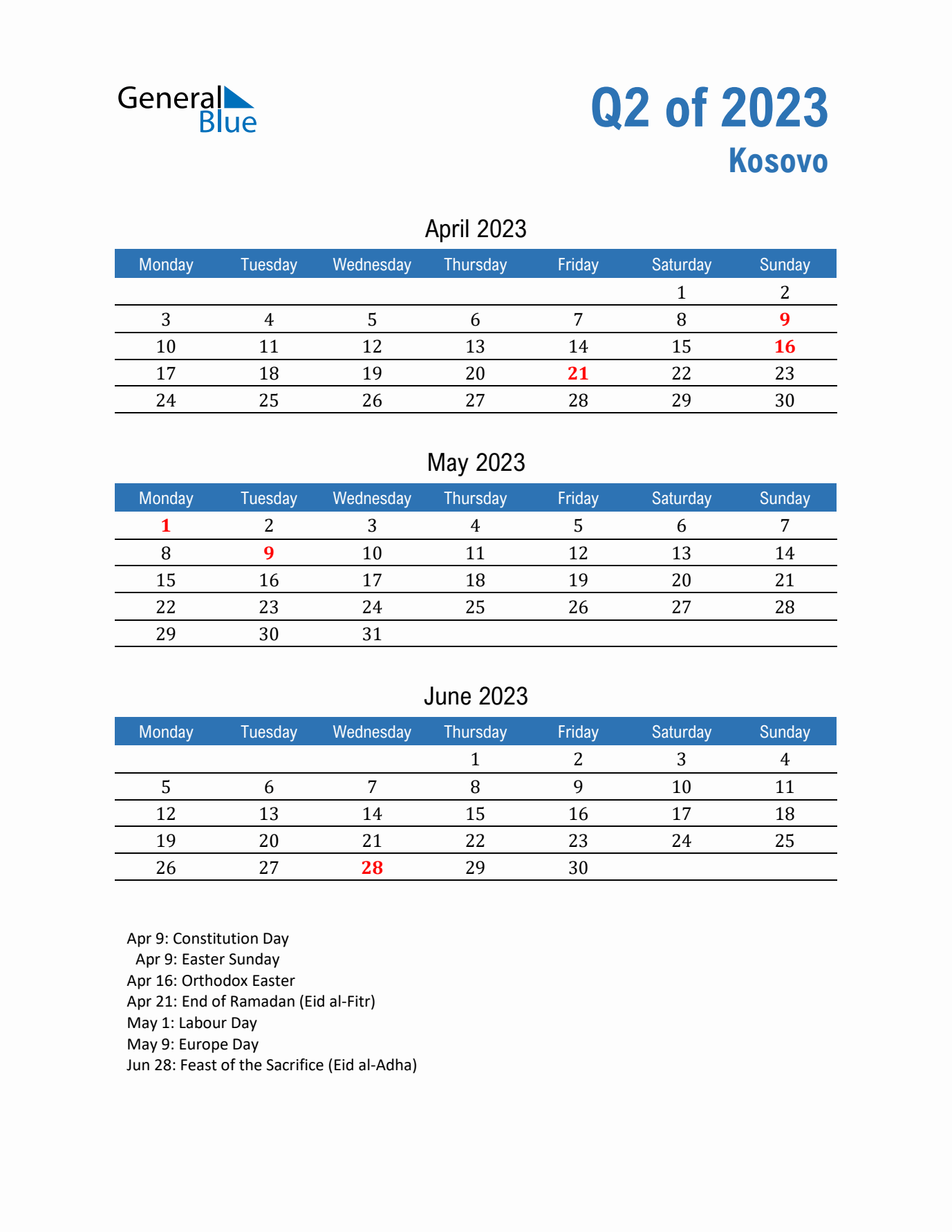 Kosovo Q2 2023 Quarterly Calendar with Monday Start