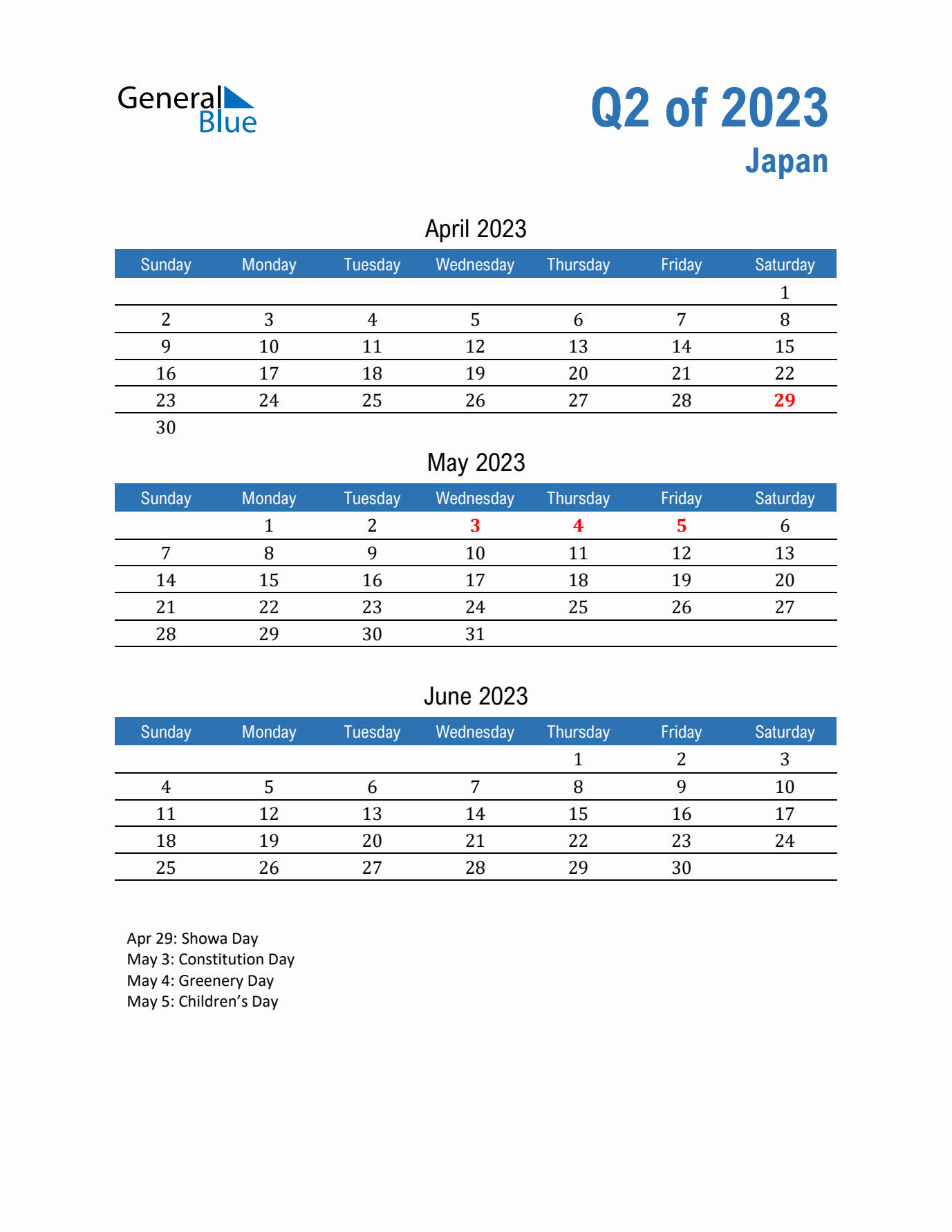 Japan Q2 2023 Quarterly Calendar with Sunday Start