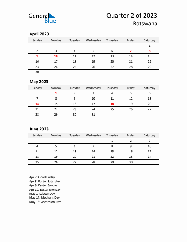 2023 Q2 Three-Month Calendar for Botswana