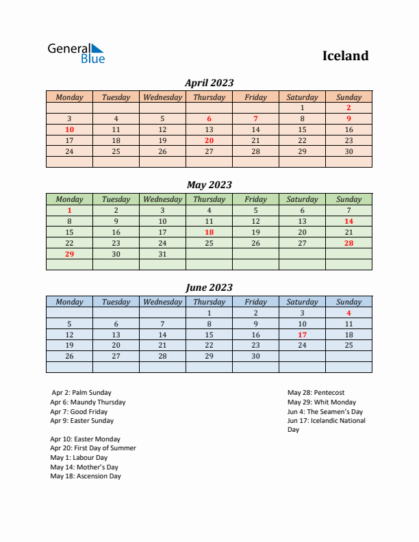 Q2 2023 Holiday Calendar - Iceland