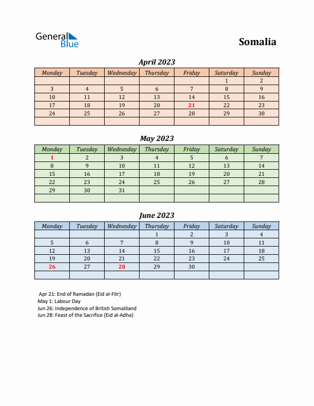 Q2 2023 Holiday Calendar - Somalia